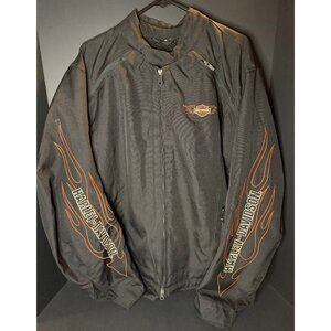 Harley Davidson Biker Jacket Mens XL Black Lined Riding Moto Flame Sleeves Y2K